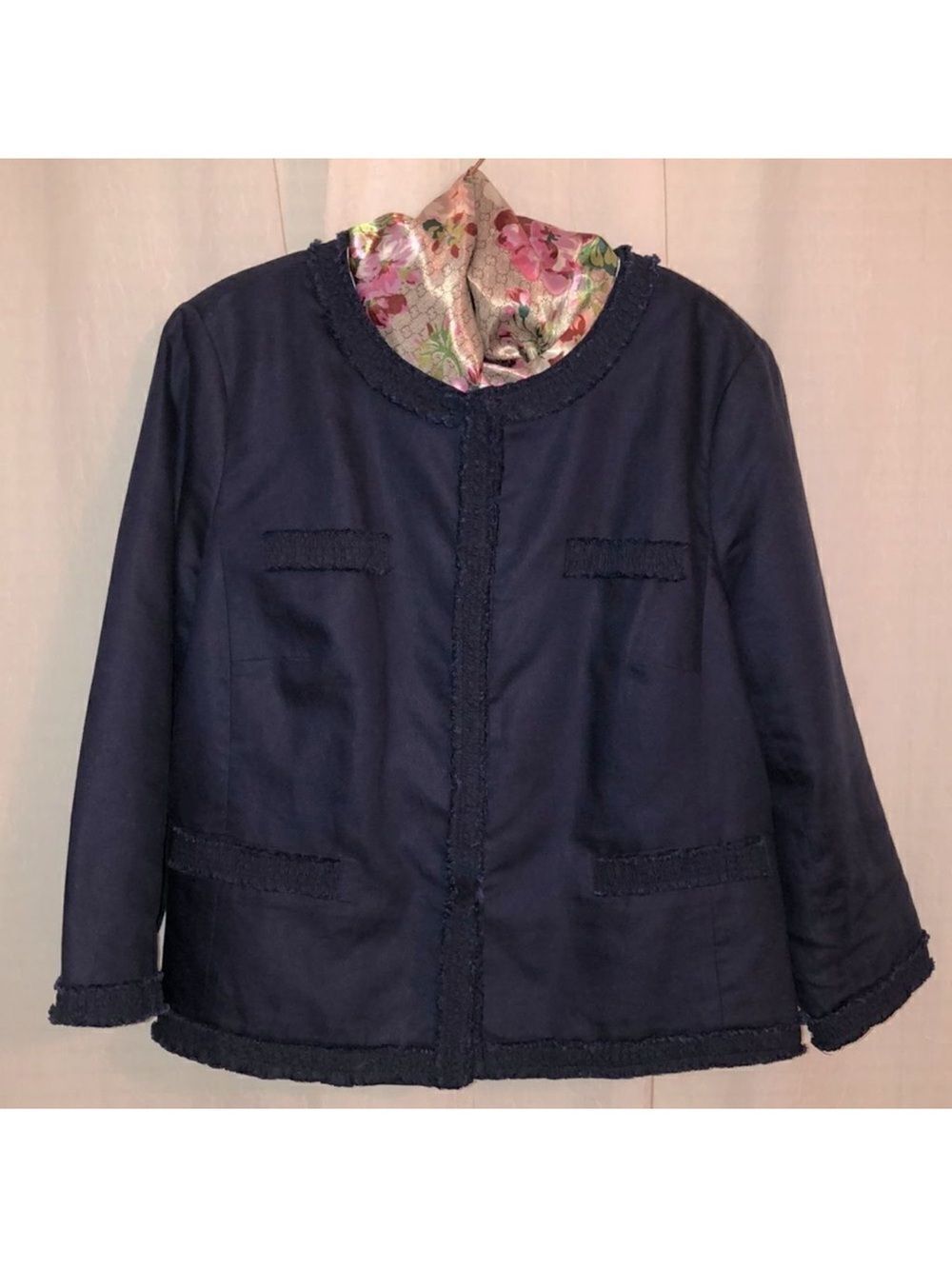 Talbots 14 Navy Linen Cotton Blazer Jacket with Frayed Ruffled Trim Details